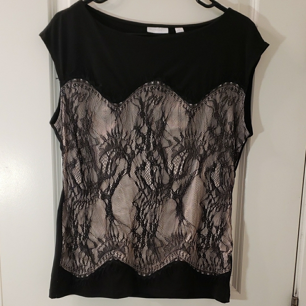 New York & Company Black and Tan Asymmetrical Embellished Blouse
